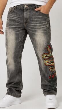 Grindhouse Denim Men’s 36 Gray Embroidered Snake Distressed Straight Jeans